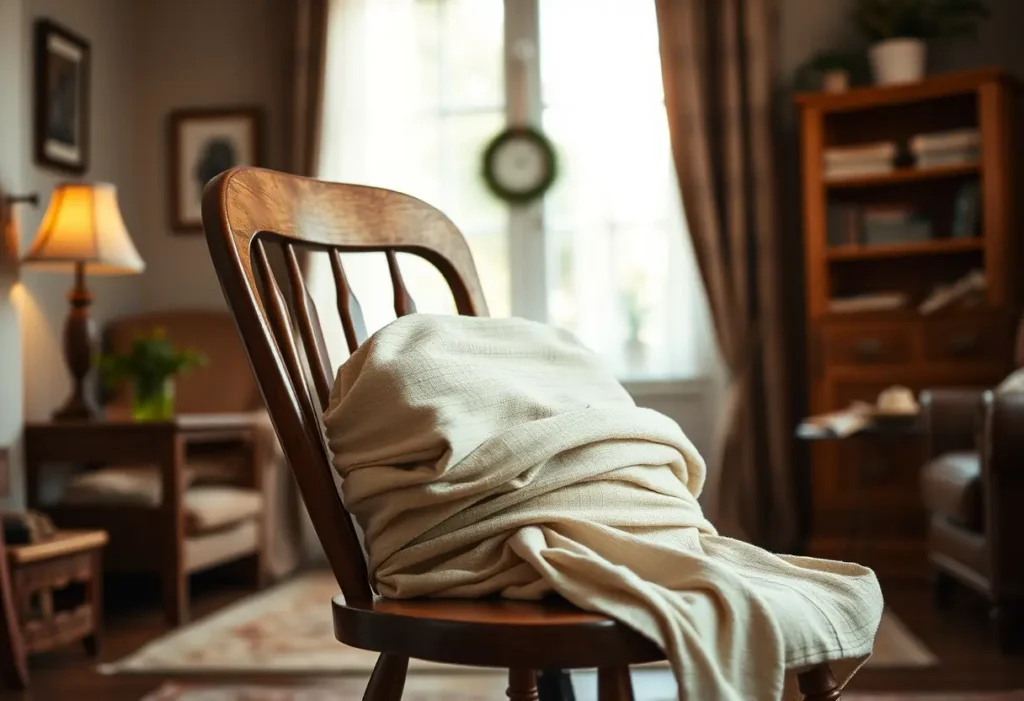 Un fauteuil en bois dans un salon accueillant, recouvert d'une bande de tissu pliée, évoquant la pratique ancienne de soutenir la poitrine