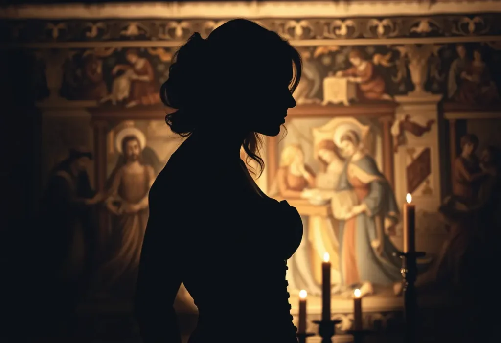 La silhouette d'une femme portant un corset devant un tapisserie médiévale, illustrant la mode passée