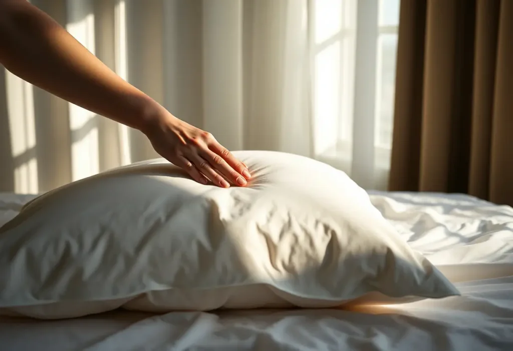 Une main posant délicatement une taie d'oreiller en coton sur un lit, la nuit tombe