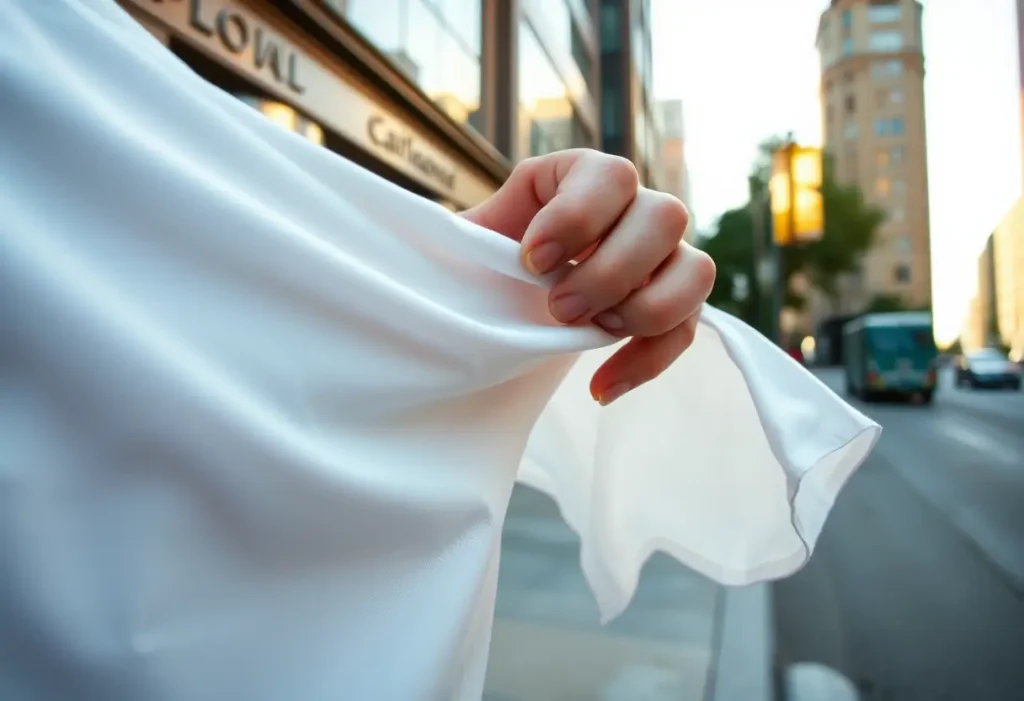 Mainstream: une main féminine lisser le tissu d'une blouse en ville