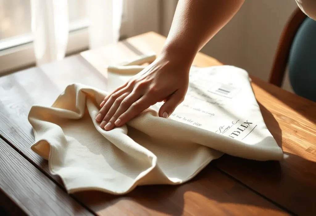 Une main féminine lisse délicatement un morceau de tissu sur une table en bois, éclairée par la lumière naturelle.