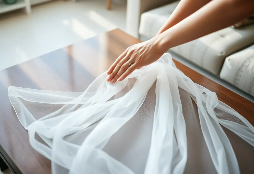 Une main lisse un tulle fin, symbole d'élégance et de discrétion, sur une table basse, éclairage naturel
