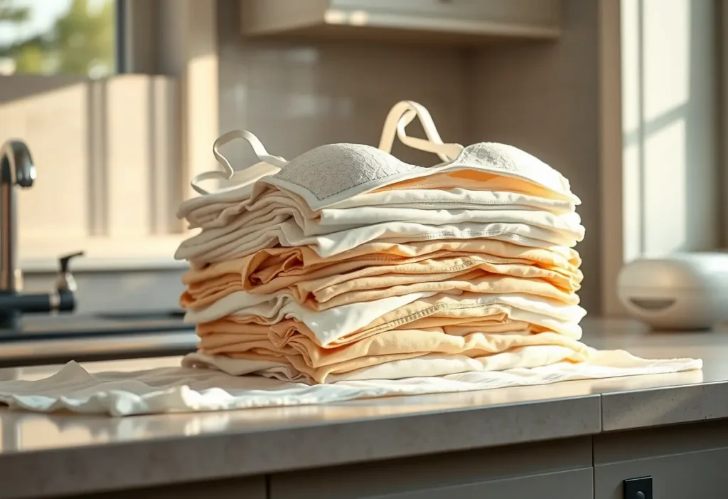 Image principale montrant des soutiens-gorges propres séchant sur un plan de travail de cuisine, éclairés par la lumière du matin.