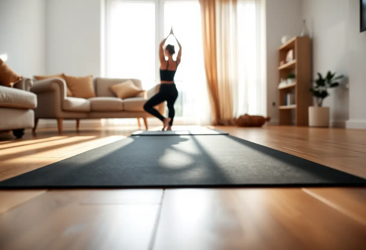 Matelas de yoga noir étalé dans une pièce baignée de lumière, silhouette féminine en posture de yoga, bien-être et acceptation de soi