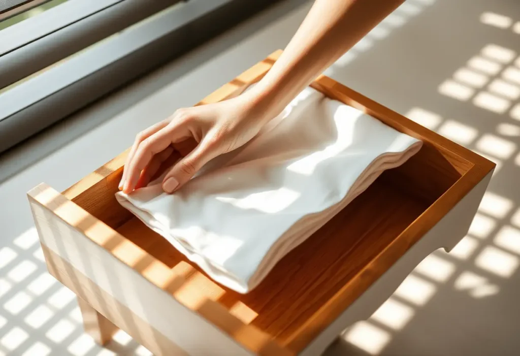 Un homme assis à une table avec une tasse de thé, une vue d'un cintre avec un soutien-gorge dans un salon chaleureux, et des mains qui plient un tissu blanc dans un tiroir, tous illustrant le thème de l'auto-acceptation et du bien-être.