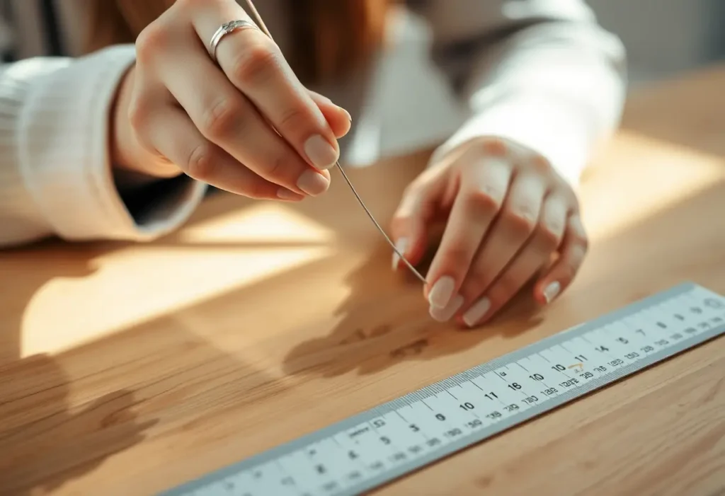 Une main féminine tenant délicatement un fil métallique sur une table en bois, éclairée par une lumière naturelle