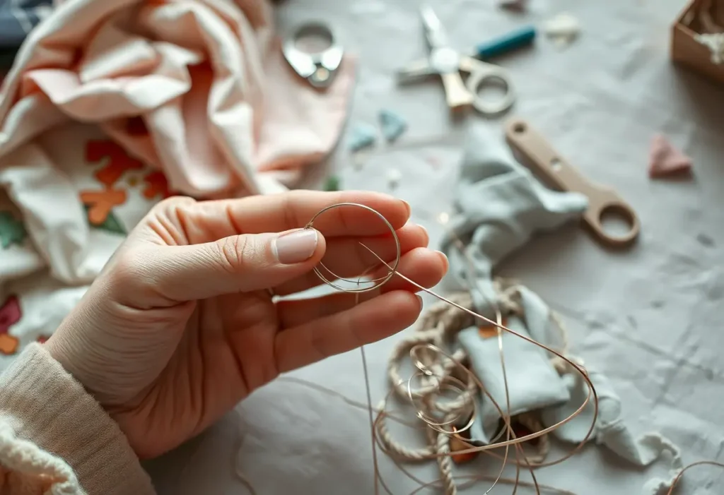 Une main féminine tient délicatement un fil métallique dans la lumière naturelle