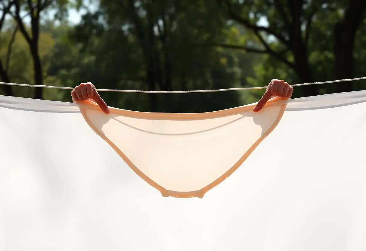 Des mains étalant délicatement un sous-vêtement circulaire sur une corde à linge en plein soleil.