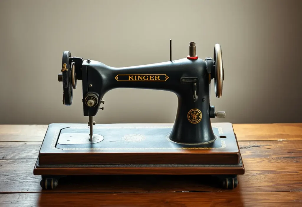 Une machine à coudre ancienne sur un meuble en bois, évoquant la maîtrise et l'innovation dans la création des premiers soutiens-gorge.
