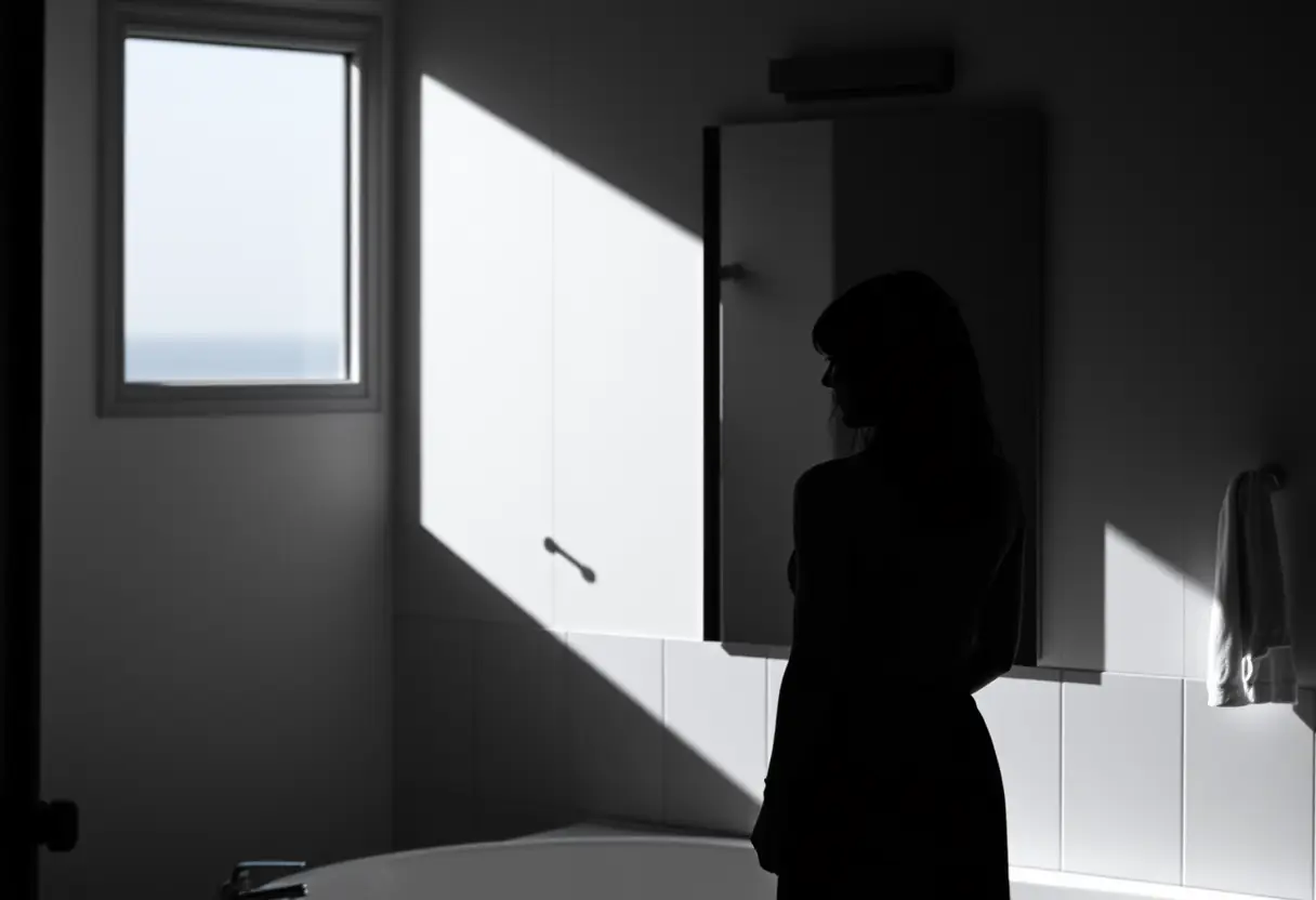 Un profil féminin se regardant dans un miroir, dans une salle de bains bien éclairée