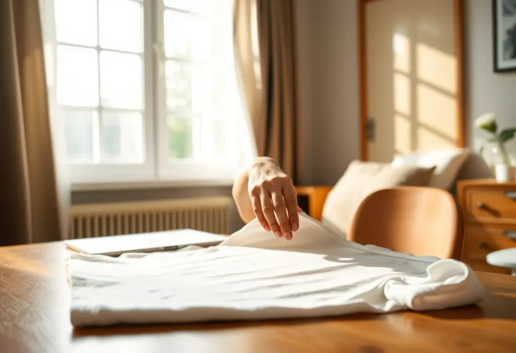 Une main lisse le tissu d'un tee-shirt en coton posé sur un bureau, dans une chambre accueillante. (Article sur le soutien-gorge)