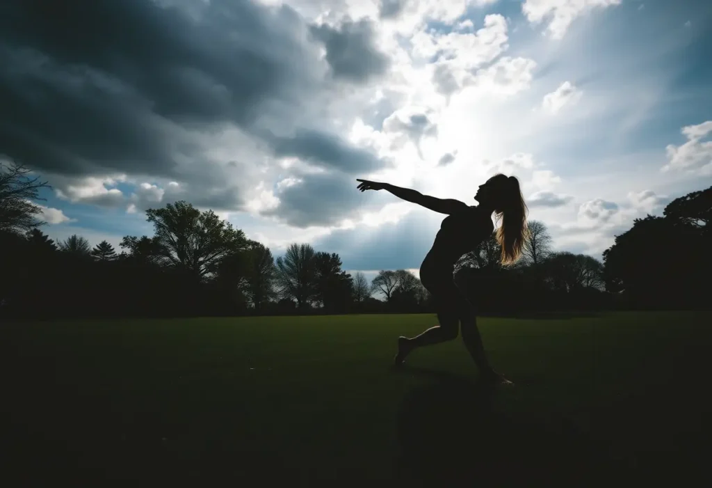 Silhouette d'une femme s'étirant dans un parc sous un ciel gris