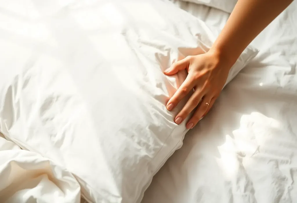 Une main féminine repousse doucement une taie d'oreiller en coton sur un lit, symbolisant la récupération post-chirurgicale.