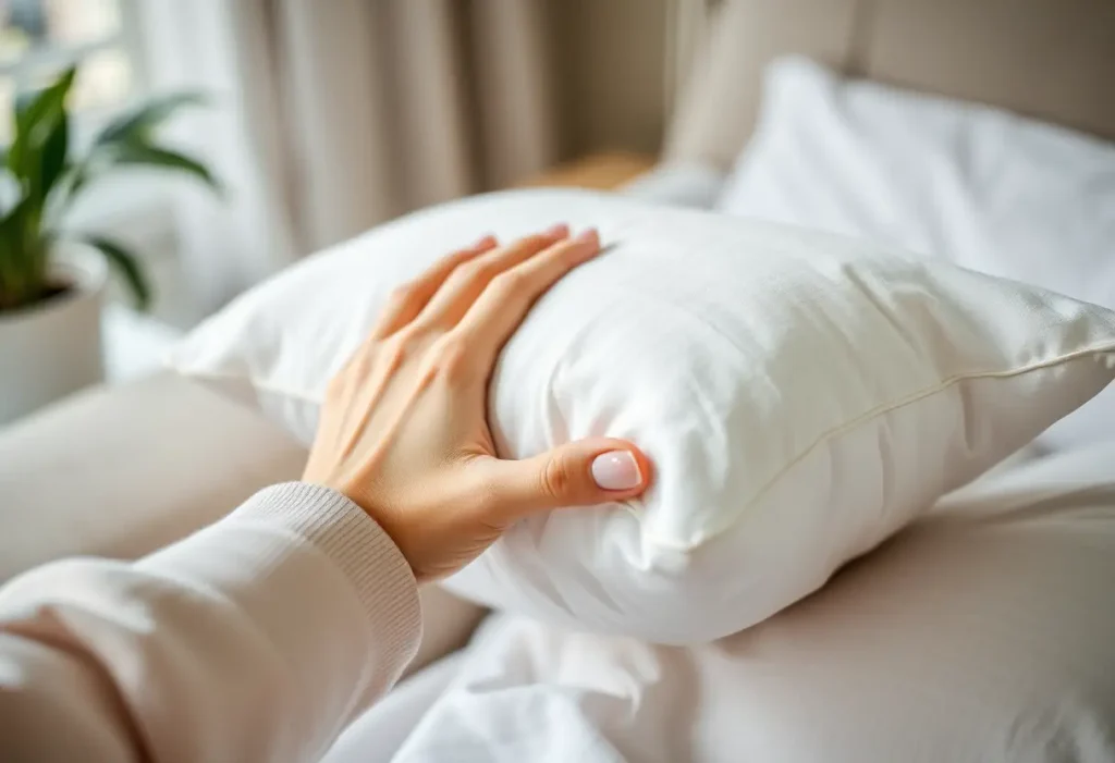 Une main tenant doucement un oreiller en coton, symbolisant le rétablissement après une chirurgie