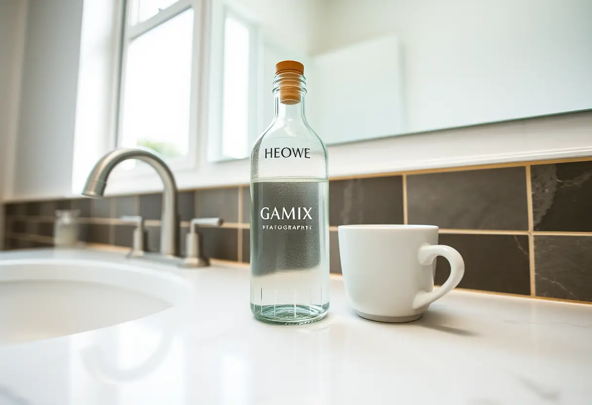 Un comptoir de salle de bains bien rangé avec une bouteille en verre et une tasse blanche, éclairé naturellement, sans texte, édition féminine.