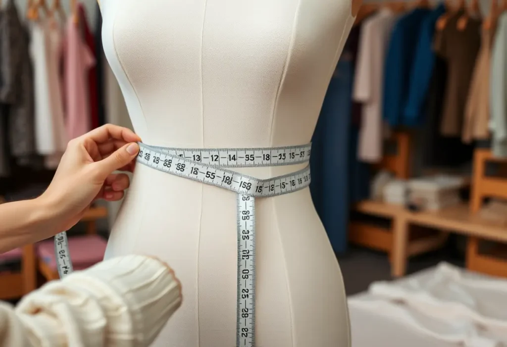 Main de femme tenant un mètre ruban autour d'un mannequin, soulignant l'importance des mesures justes