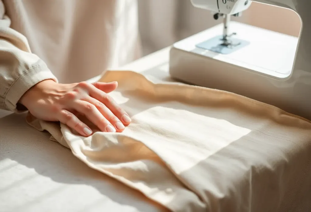 Une main féminine ajuste doucement un tissu sur une table à coudre, évoquant la thématique des soutiens-gorge.