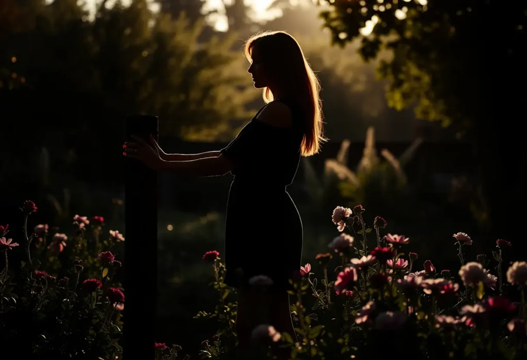 Silhouette de femme dans un jardin, mains posées sur un poteau en bois, soleil de fin d'après-midi