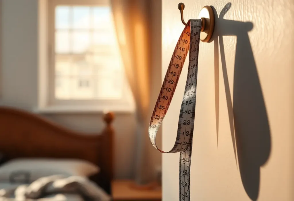 Un mètre ruban accroché dans une chambre, éclairé naturellement