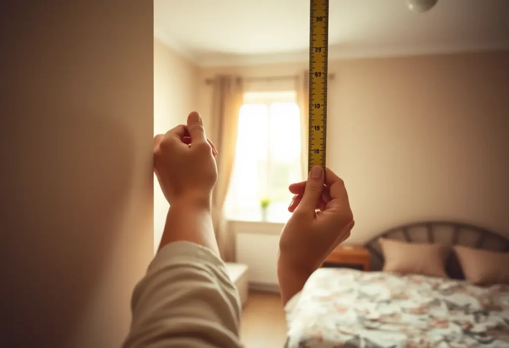 Une main féminine tenant un mètre ruban dans une chambre accueillante, éclairée naturellement.