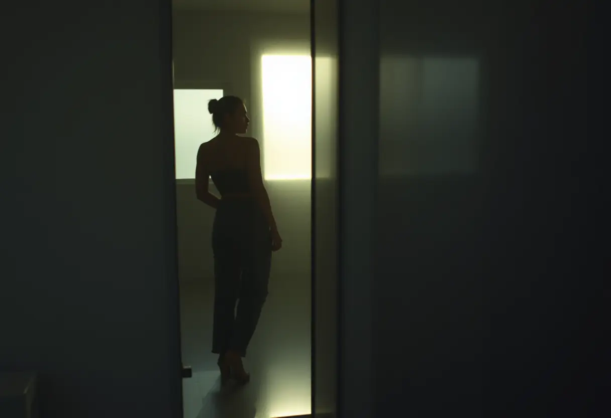 Un reflet féminin dans un miroir de longueur complète dans une salle de bain éclairée par la lumière du jour.