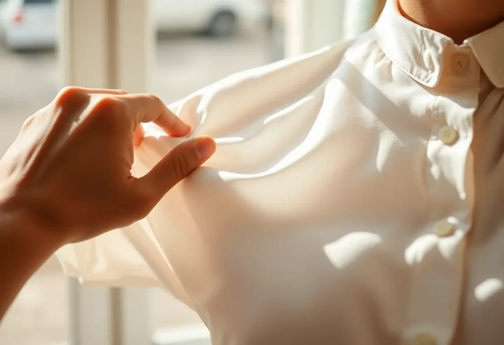 Une main féminine ajustant doucement une chemise en coton