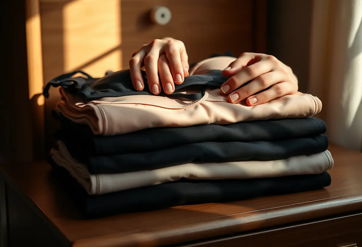 Main: des mains disposent des soutiens-gorge pliés sur une commode en bois