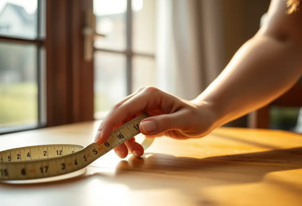 Une main féminine tenant un ruban mesure sur une table en bois, lumière naturelle