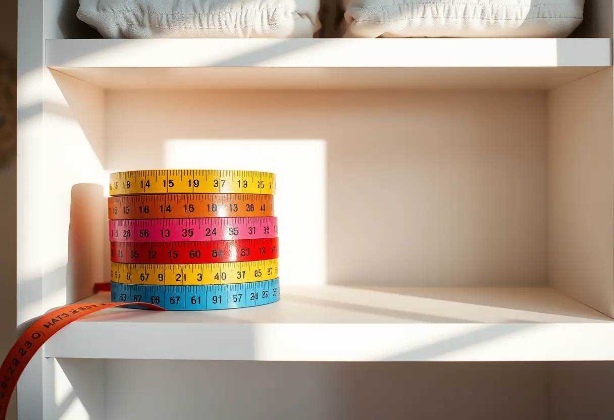 Un étagère blanche dans une chambre avec des rubans à mesurer en couleurs, l'éclairage crée des ombres, l'acceptation de soi