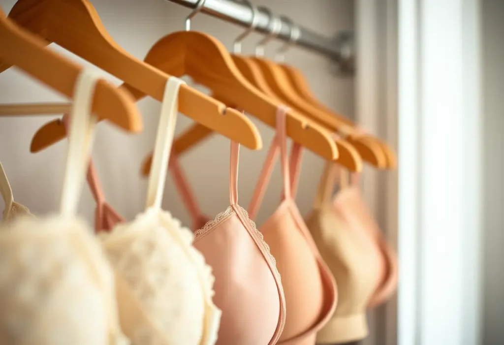 Un alignement de cintres en bois dans un placard, chacun supportant différents tailles de soutien-gorge, mettant en valeur le plus grand bonnet.