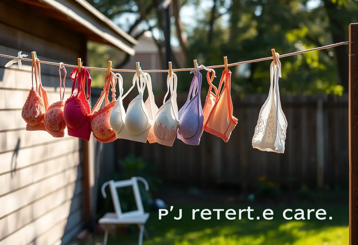 Des soutiens-gorge suspendus à une corde à linge en bois dans un jardin, mettant en avant l'importance de leur entretien.
