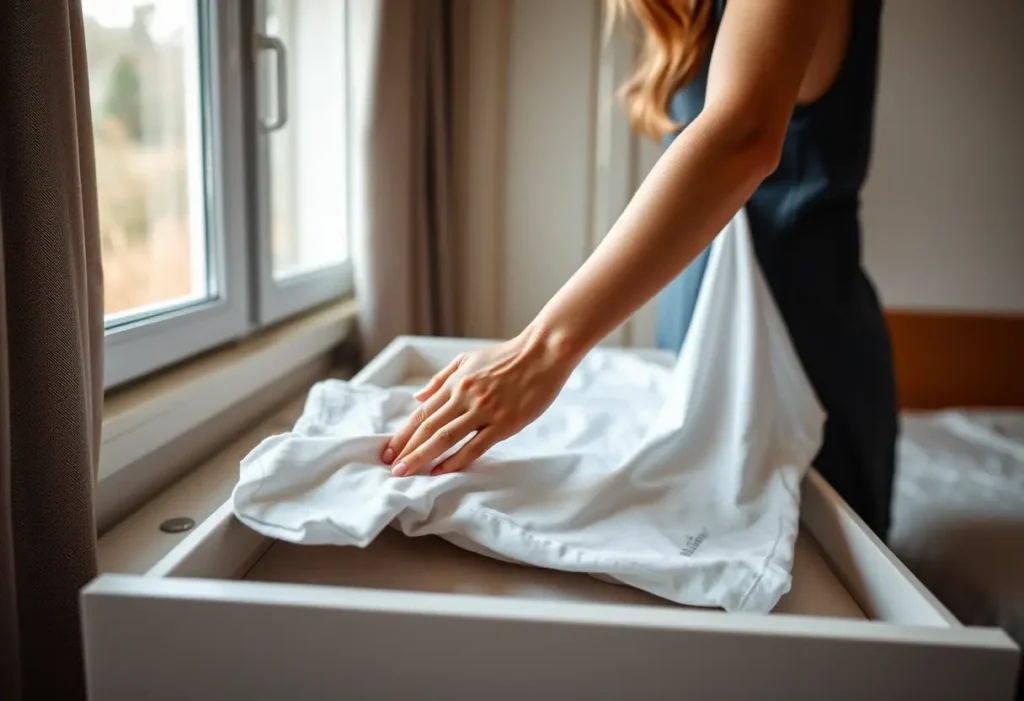 Une main féminine repasse une chemise en coton sur un meuble dans sa chambre, éclairée par la lumière naturelle