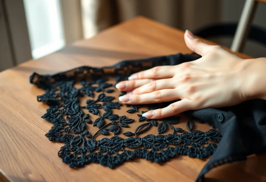 Une main lisse du tissu en dentelle noire sur une table