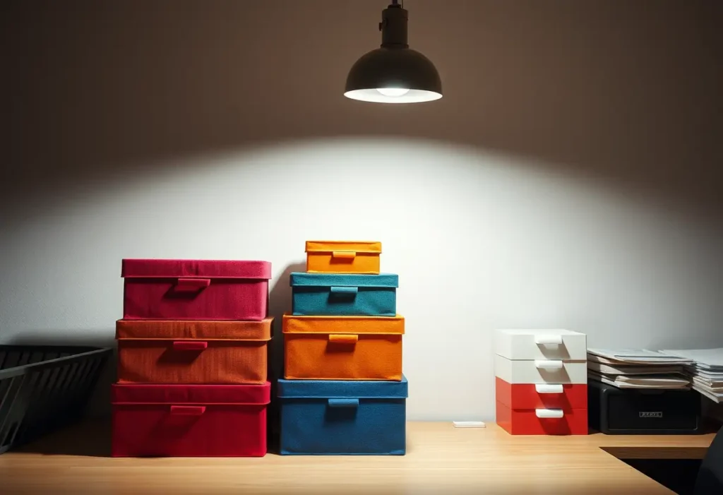 Un tas de boîtes en tissu de différentes tailles sur un bureau bien rangé, éclairé par une lumière vive.