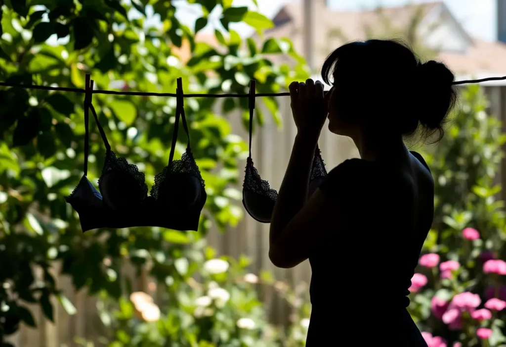 Silhouette de femme accrochant des sous-vêtements AA dans son jardin, soleil de midi