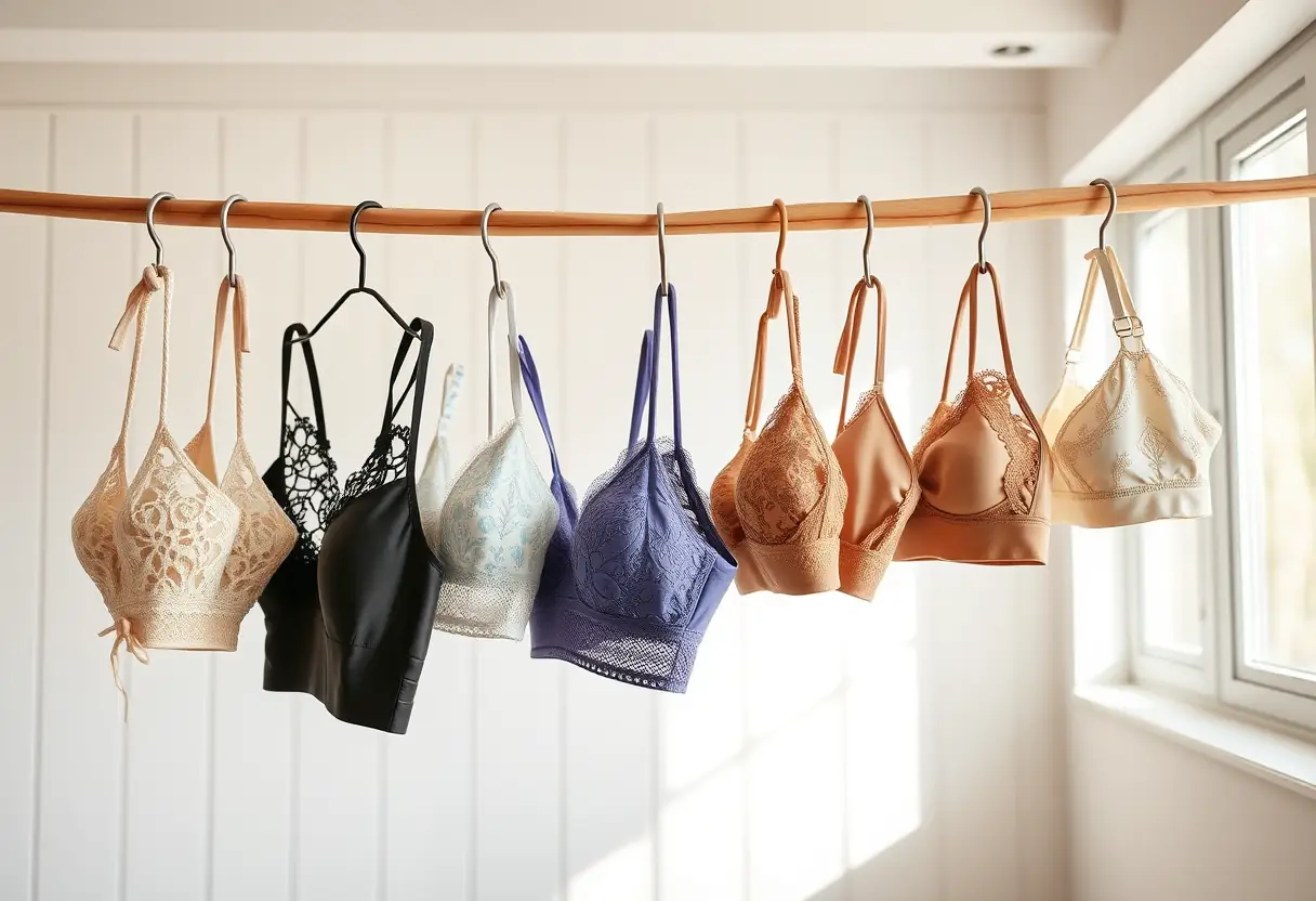 Une rangée de soutiens-gorge enfilés sur une corde à linge en bois, dans une pièce lumineuse, mettant en valeur différents styles pour diverses préférences.