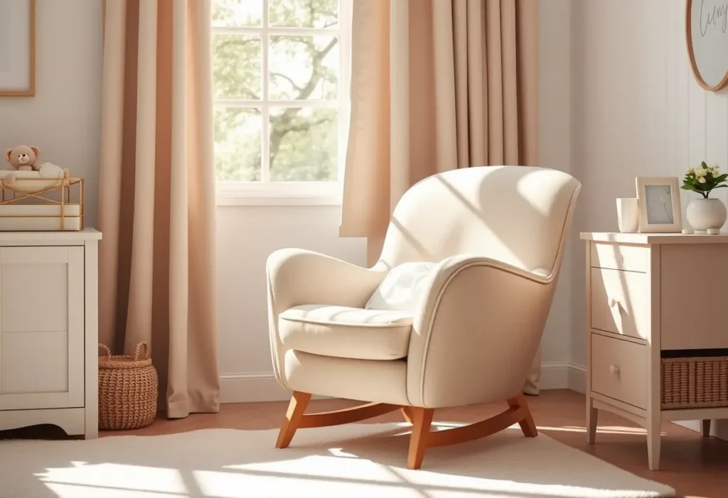Fauteuil d'allaitement moelleux dans une nurserie baignée de lumière naturelle