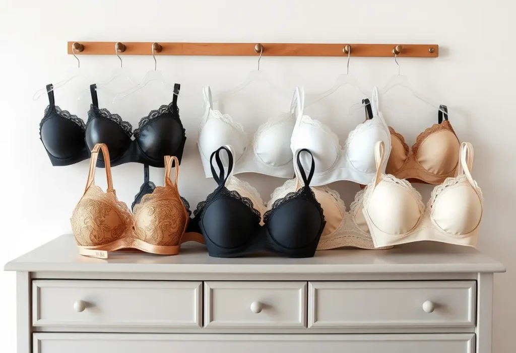 Ensemble de soutiens-gorge variés présentés sur une commode, pour différentes situations post-chirurgicale.
