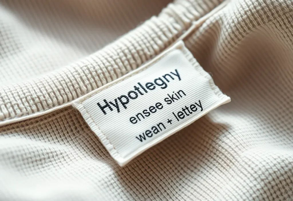 Un étiquette en tissu doux, indiquant des propriétés hypoallergéniques, garantissant un port confortable.