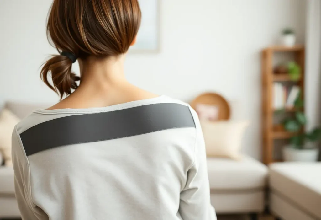 Une bretelle large et réglable en élasthanne sur le dos d'une femme assise