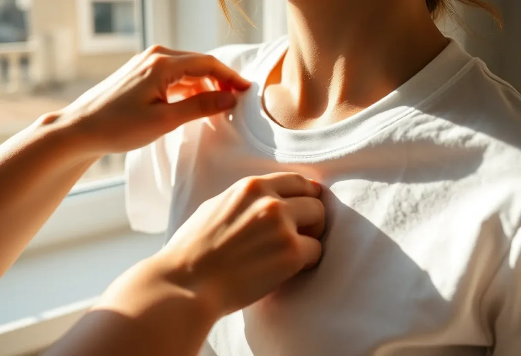 Une main féminine ajuste doucement un T-shirt en coton pour une meilleure tenue