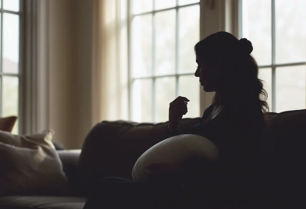 Silhouette d'une femme assise sur un canapé avec un coussin d'allaitement