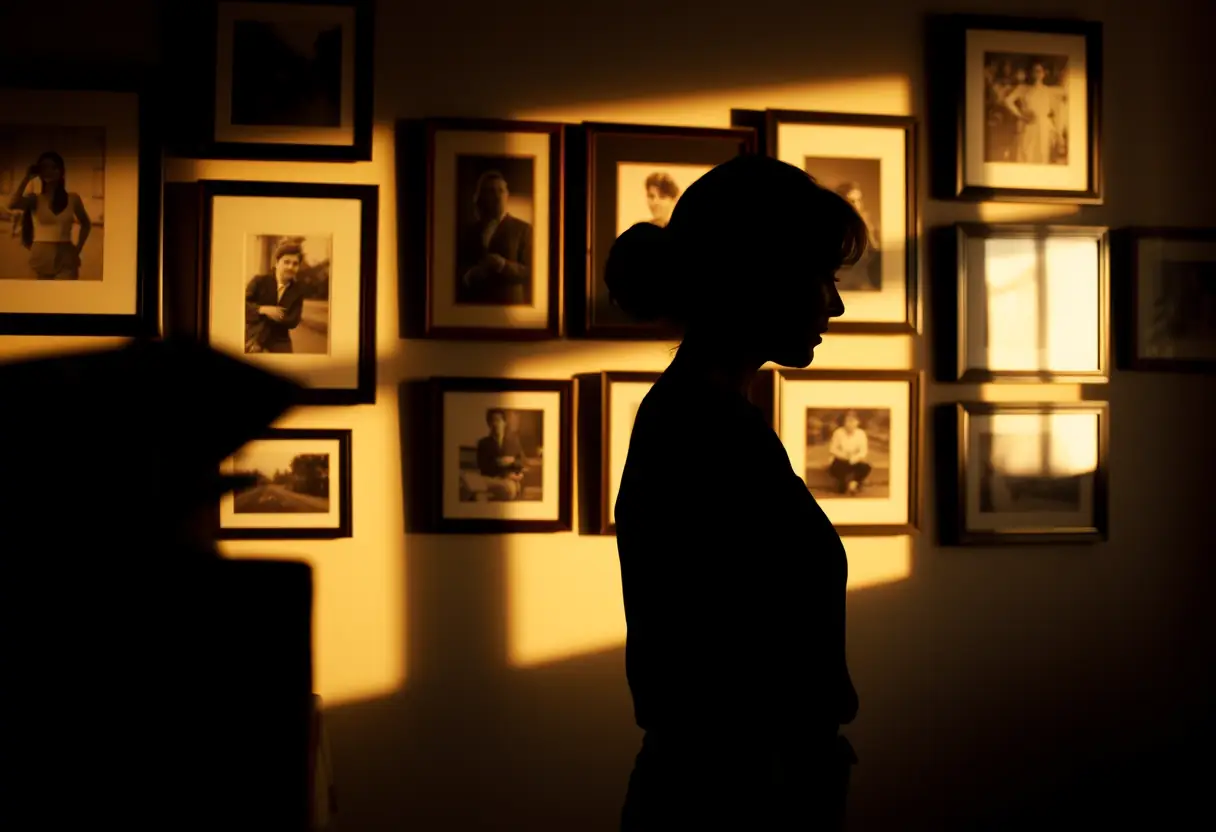 Un profil de femme se reflète contre un mur avec des photos encadrées