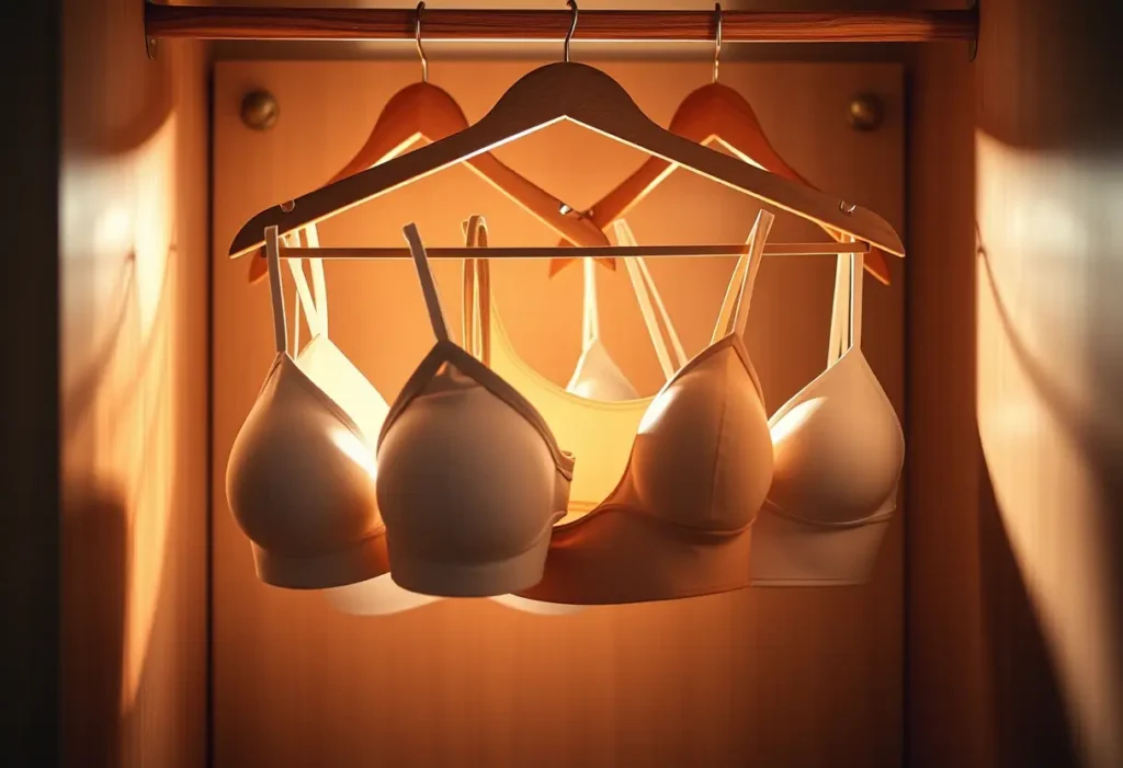 Crochet de bois dans une garde-robe, affichant divers soutiens-gorge de maternité