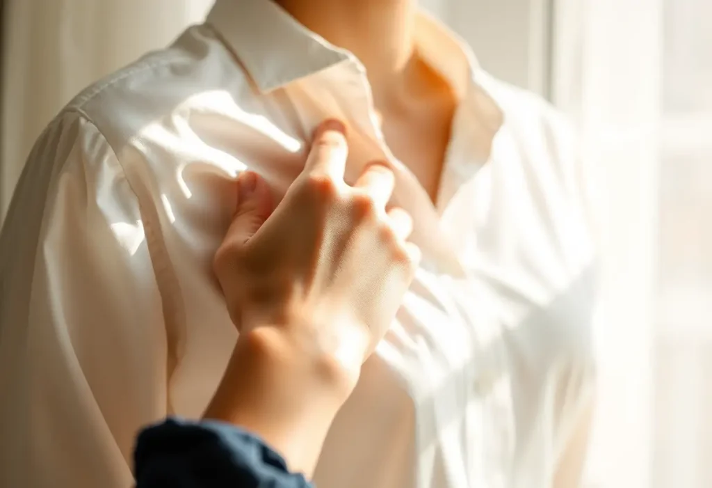Une main lisse un chemisier en coton, lumière naturelle, photo éditoriale