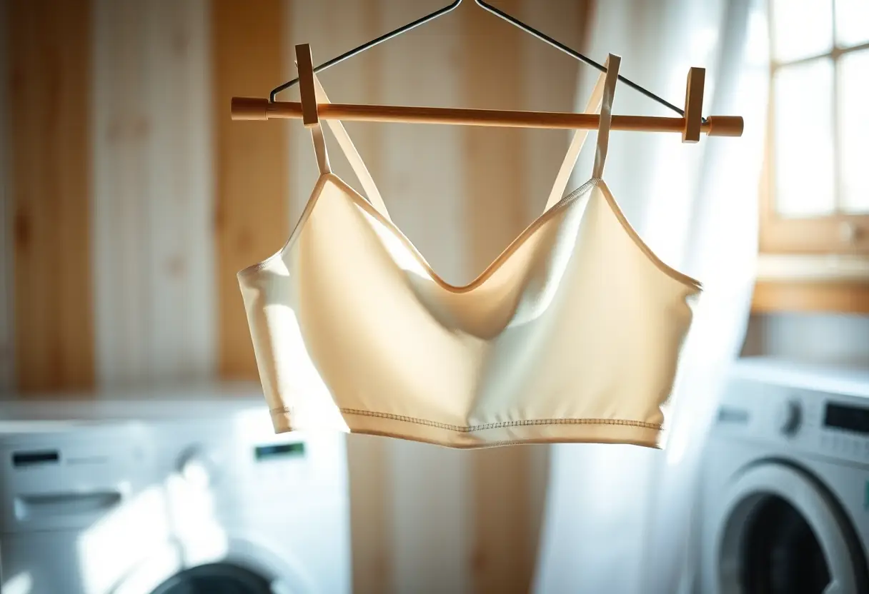 Un soutien-gorge suspendu à une corde à linge en bois, soulignant l'aspect pratique et confortable