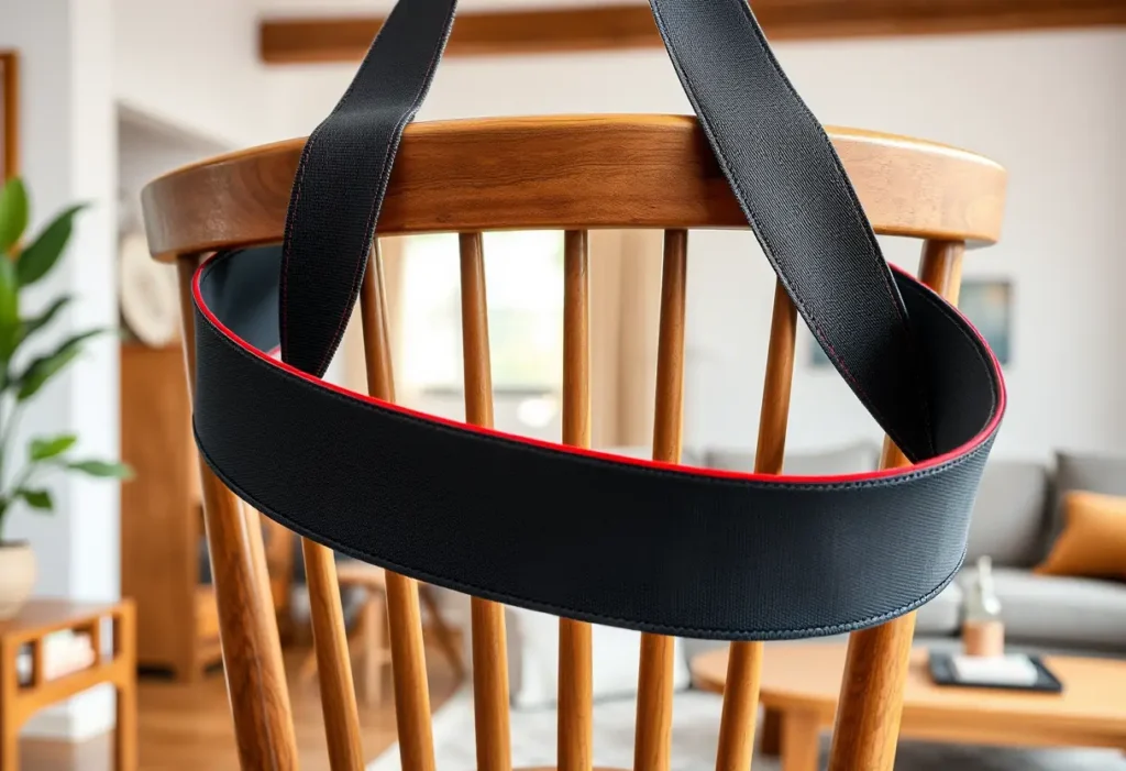 Une bretelle large et confortable sur un soutien-gorge respirant, posée sur une chaise dans un salon accueillant, illustrant le confort nécessaire.