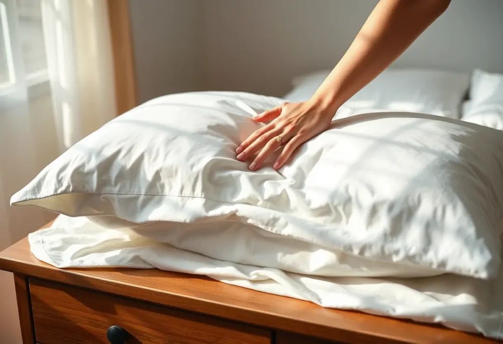 Main de femme lisant un coussin en coton dans sa chambre