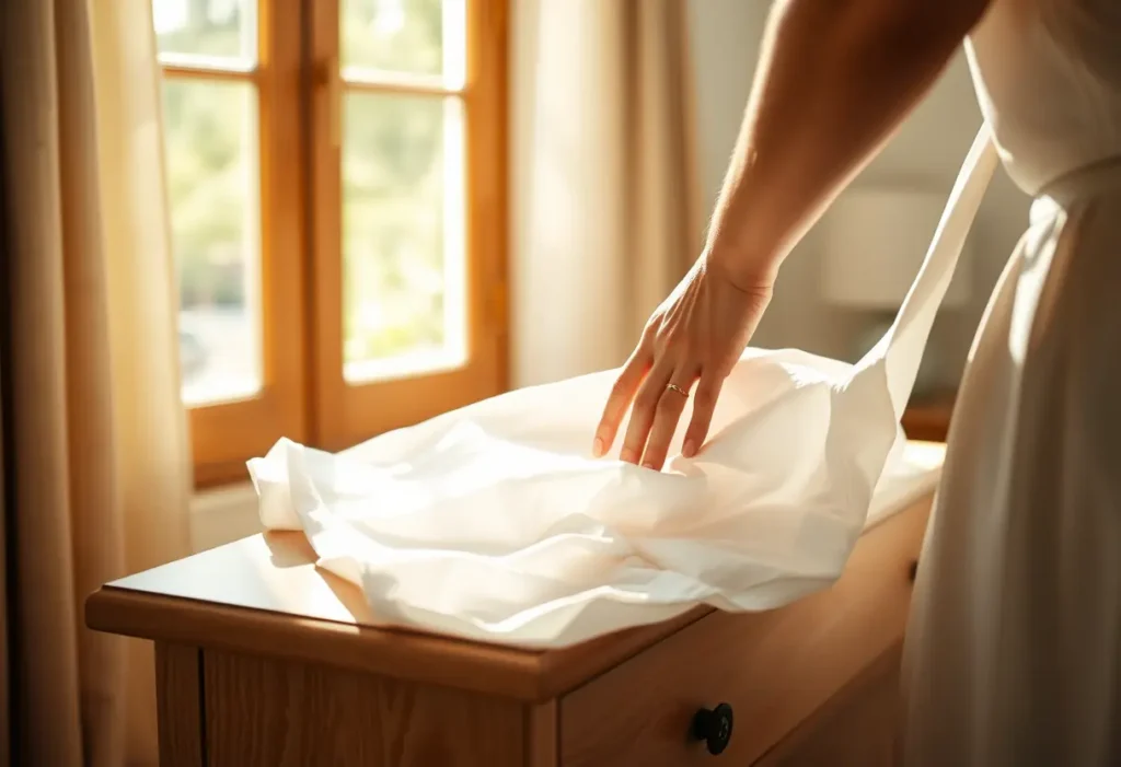 Une main féminine repasse délicatement un chemisier dans une chambre, éclairée par la lumière naturelle qui entre par la fenêtre.