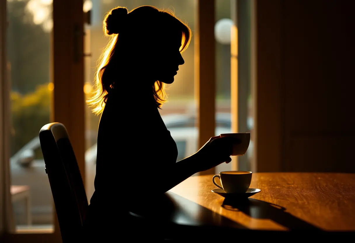 Un profil d'une femme assise à une table de cuisine, tenant une tasse de thé, éclairée par une lumière chaude et accueillante.